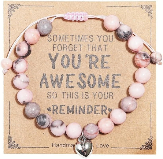 Pink Zebra Natural Stone Bracelet with Heart Charm and Message Card